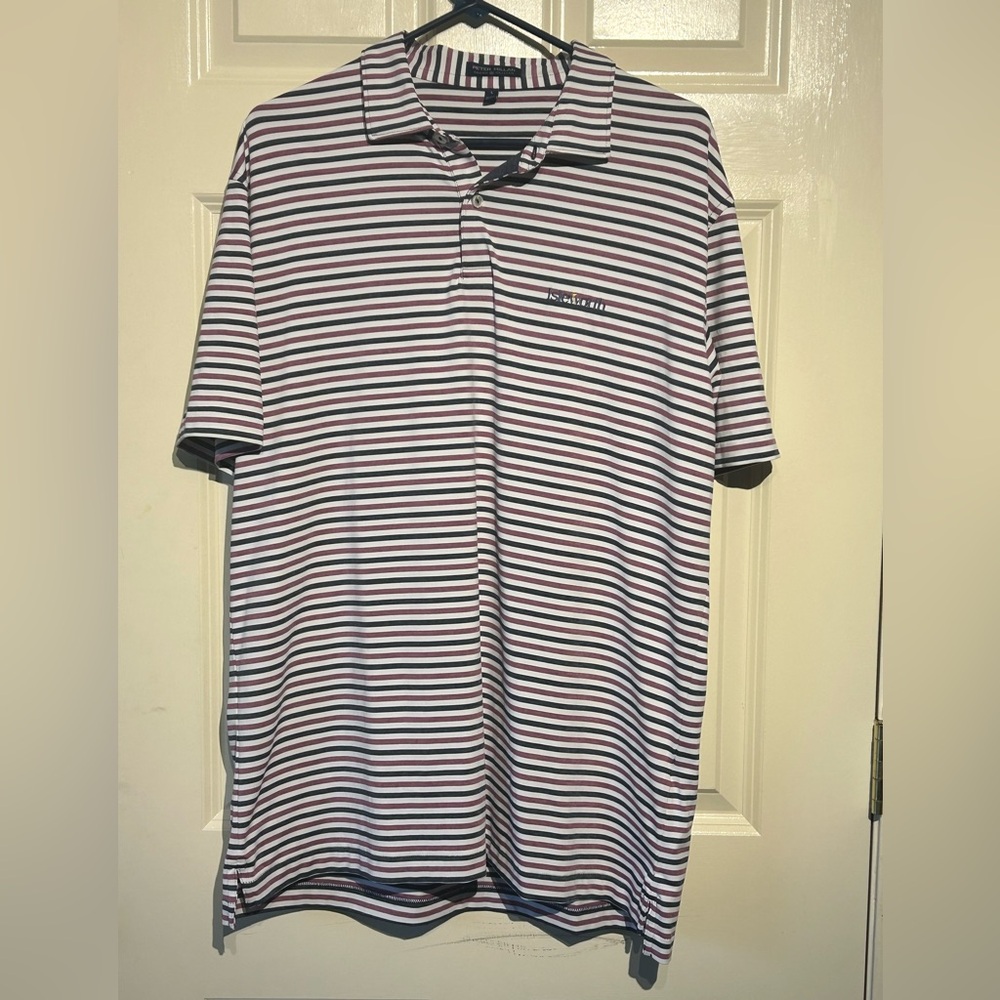 Peter Millar Crown Crafted Mens L Isleworth Country Club Purple Pink Stripe Polo